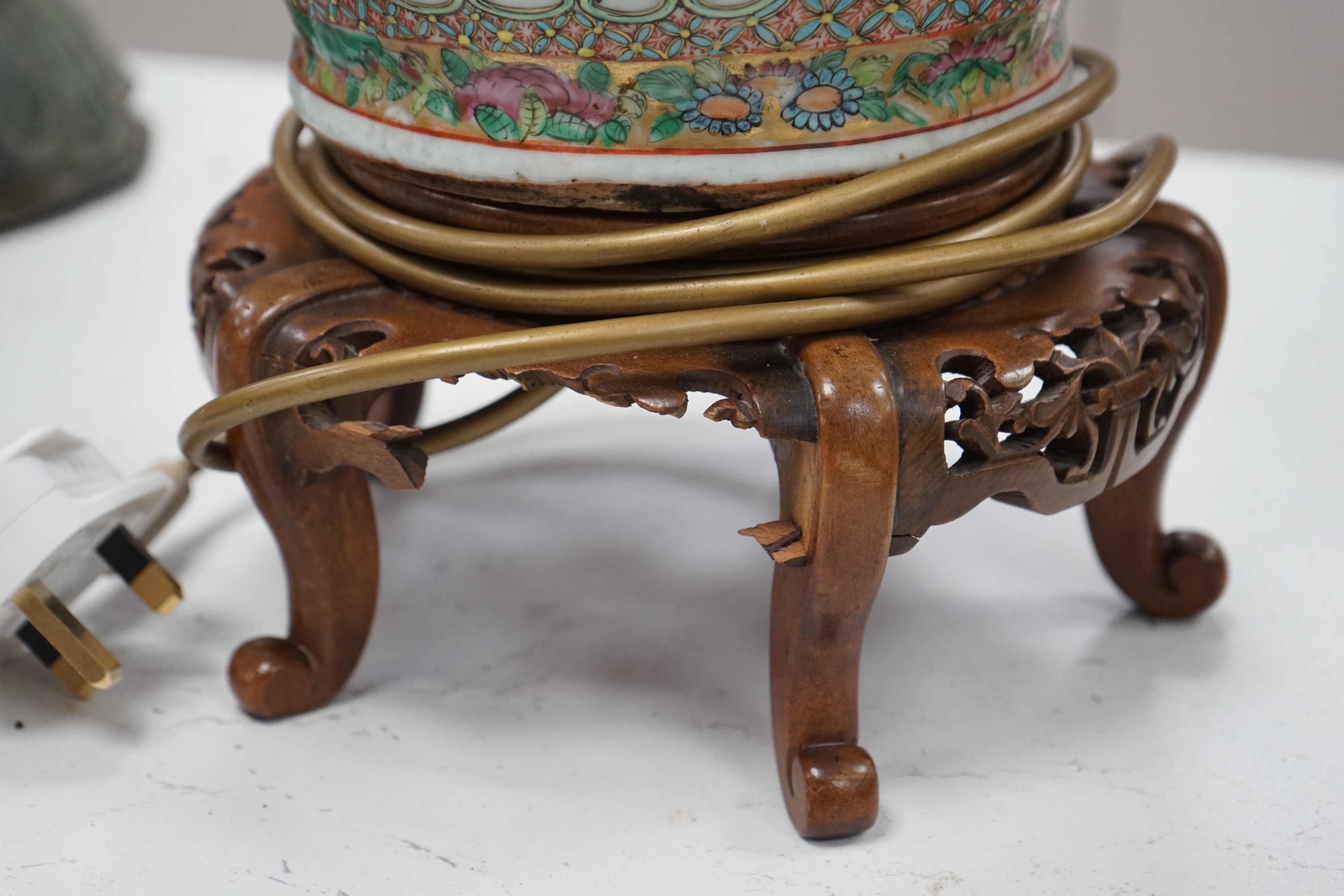 A Chinese enamelled porcelain vase, c. 1900, converted to a lamp with carves stand, 45.5cm high. Condition - good